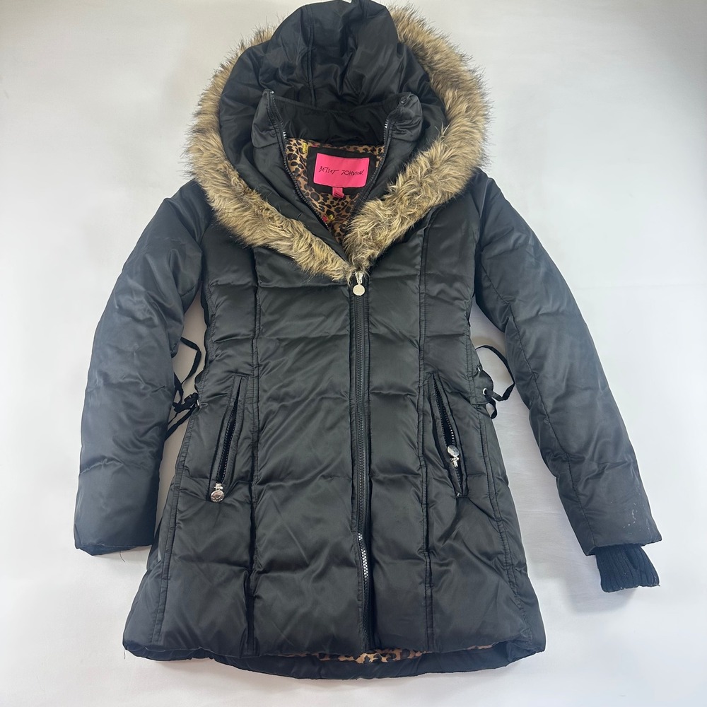Betsey Johnson Youth‎ Medium High Black Puffer Coat Faux Fur Hood Leopard Lining